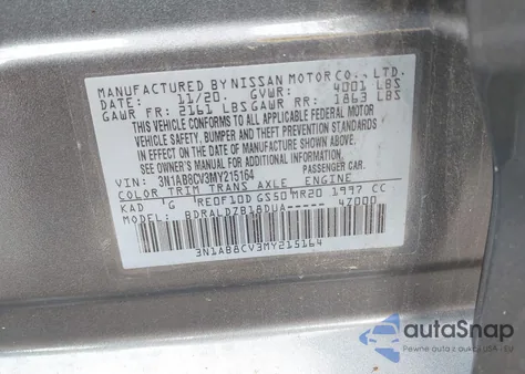 2021 Nissan Sentra Sv Xtronic Cvt z USA, uszkodzony, nr VIN 3N1AB8CV3MY215164